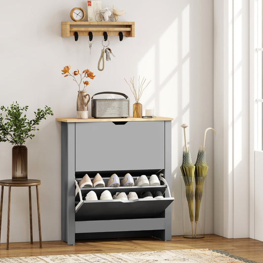 HOMCOM Slim Shoe Cabinet, Narrow Shoe Cupboard with 2 Flip Drawers, Adjustable Shelves for 12 Pairs of Shoes, Light Grey