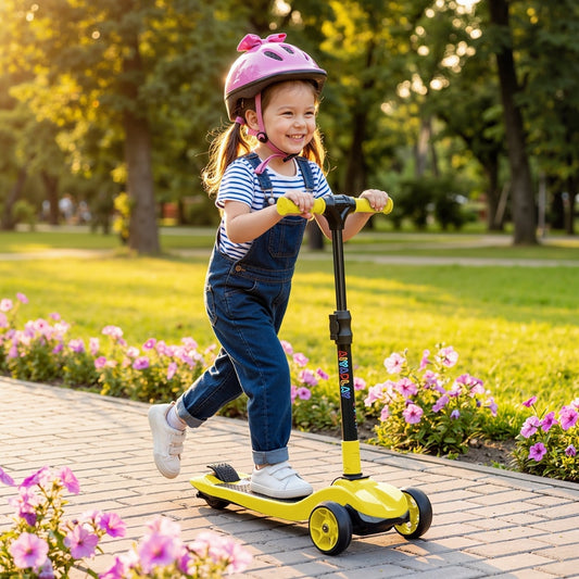 A happy child rides the yellow three-wheel electric scooter outdoors on a sunny day