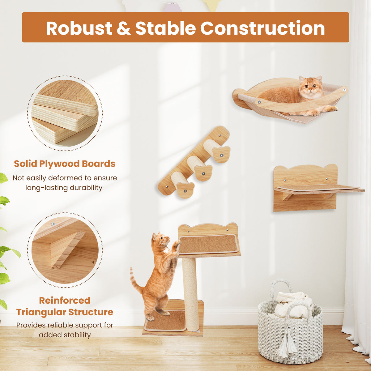 Wall Mounted 4pcs Cat Furniture Set with Hammock and Non-slip Carpet Mat-Natural