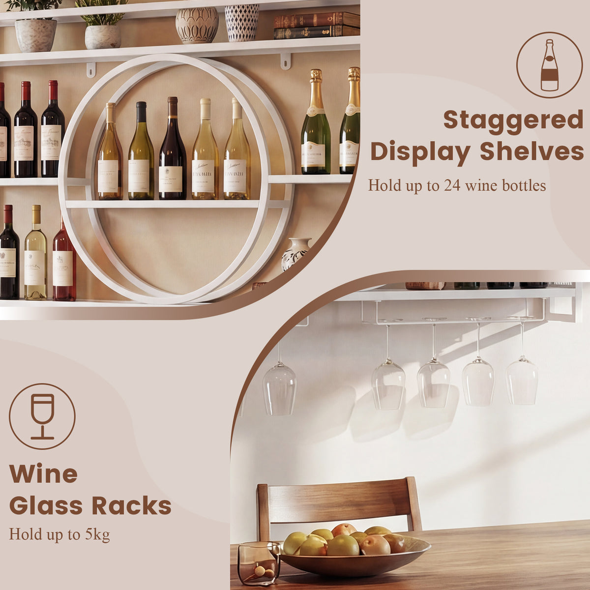 Wall Mounted Wine Rack 5-Tier Large Capacity Hanging Bar Shelf with Glass Holder-White