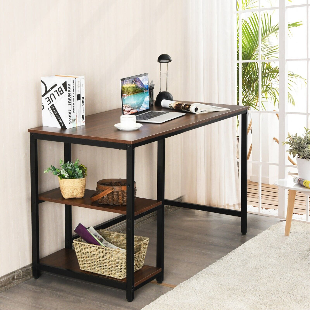 Industrial Computer Desk with Storage Sheves-Walnut