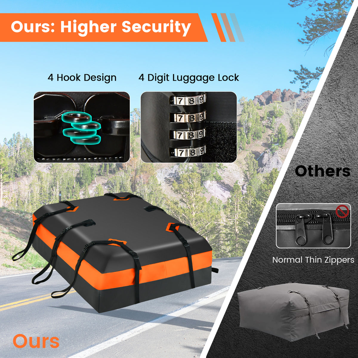 Waterproof Rooftop Luggage Bag with Non-Slip Mat and 6 Door Hooks-Orange