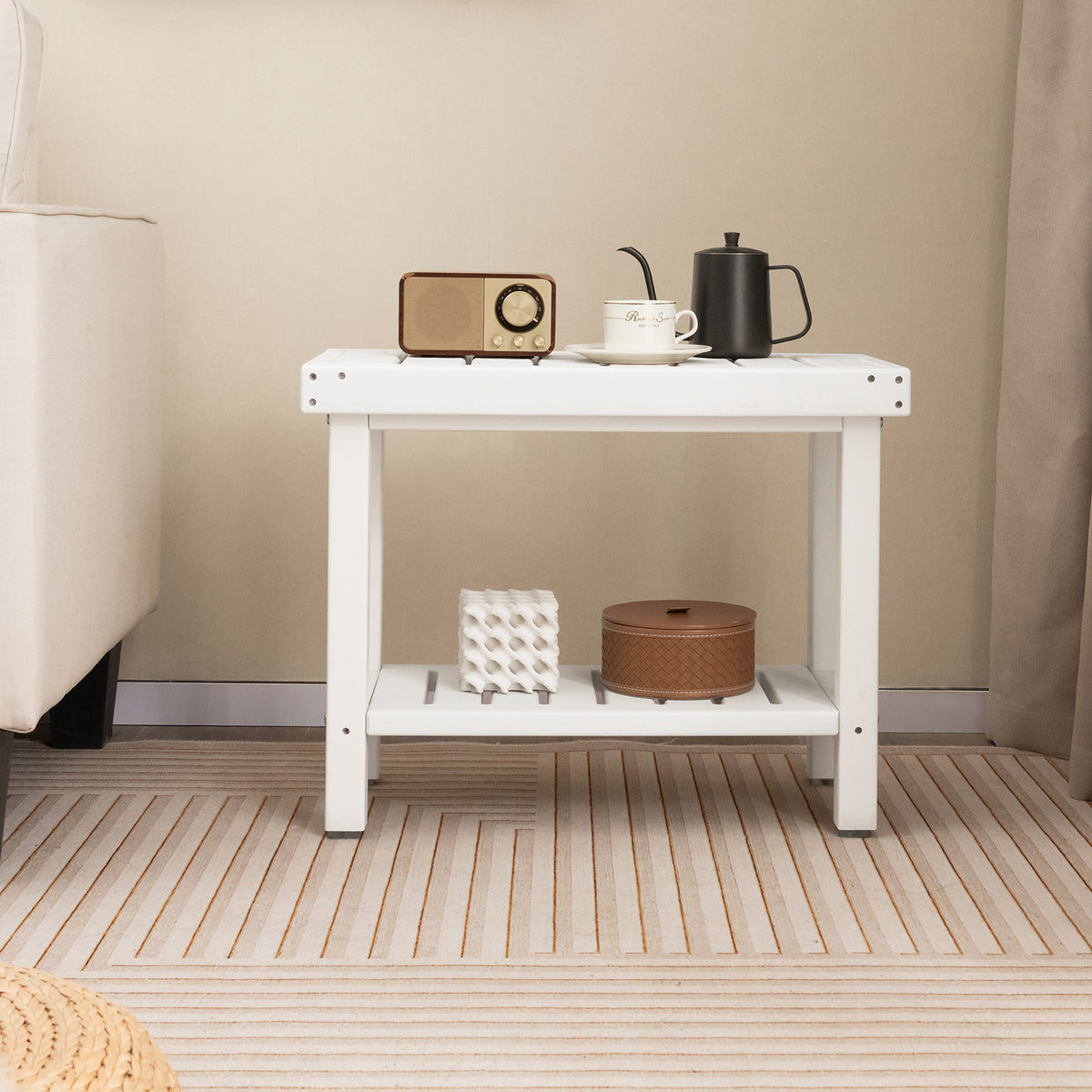 2-Tier Waterproof HDPE Bathroom Shower Stool with Storage Shelf-White