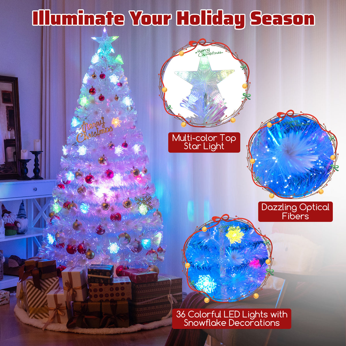 4/5/6 Feet Artificial Fiber Optic White Pre-lit Christmas Tree with Light-180 cm
