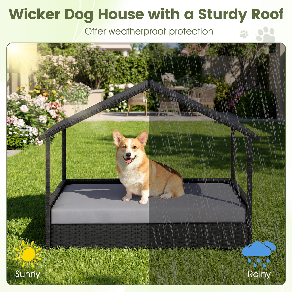 Wicker Dog House Outdoor Indoor with Canopy up to 60kg-Grey