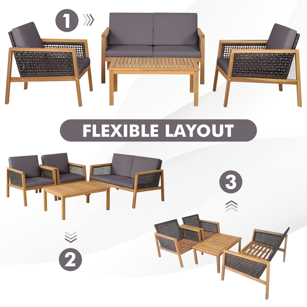 4-Piece Patio Acacia Wood Furniture Set with Removable Cushions-Grey