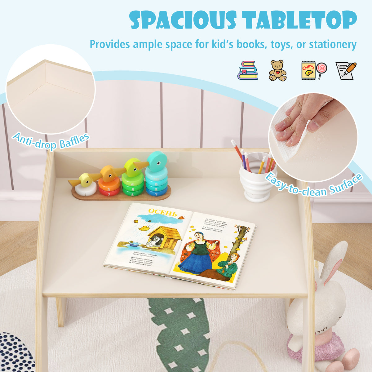 Wooded Toddler Kids Desk and Chair Set with Proper Height-White