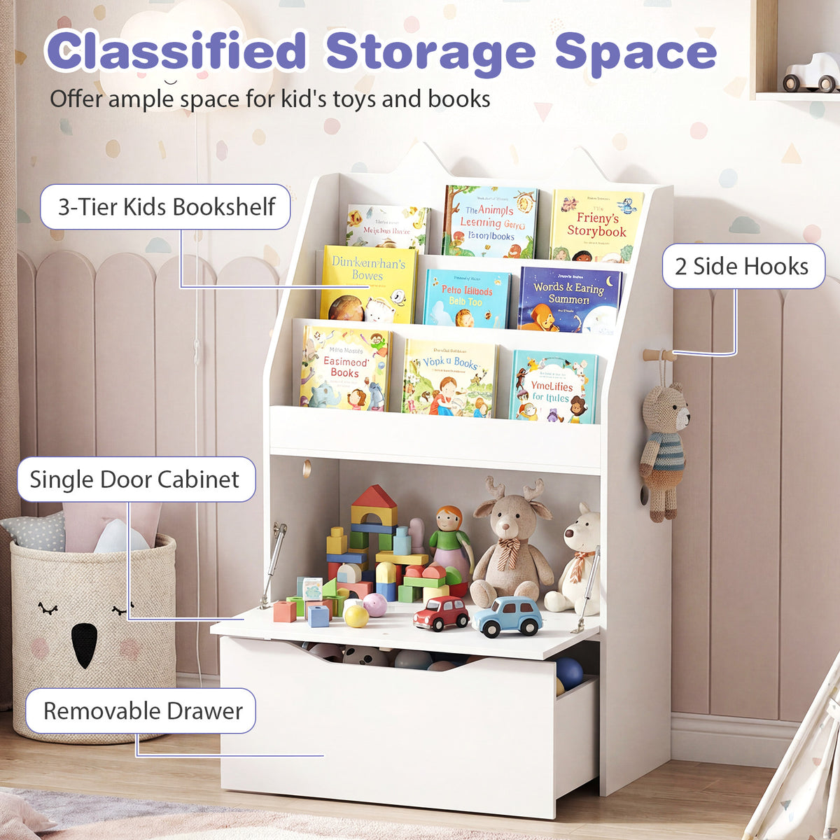Classified storage space for the kids bookshelf with drawer and hooks