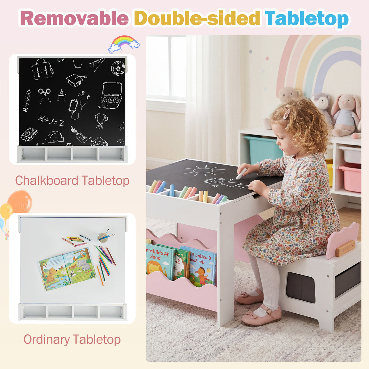 Wooden Kids Table and Chairs Set with Double-sided Tabletop and Small Compartments-Pink