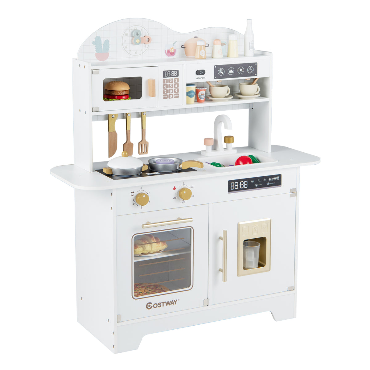 The white play kitchen set includes 17 accessories like pots, pans and utensils