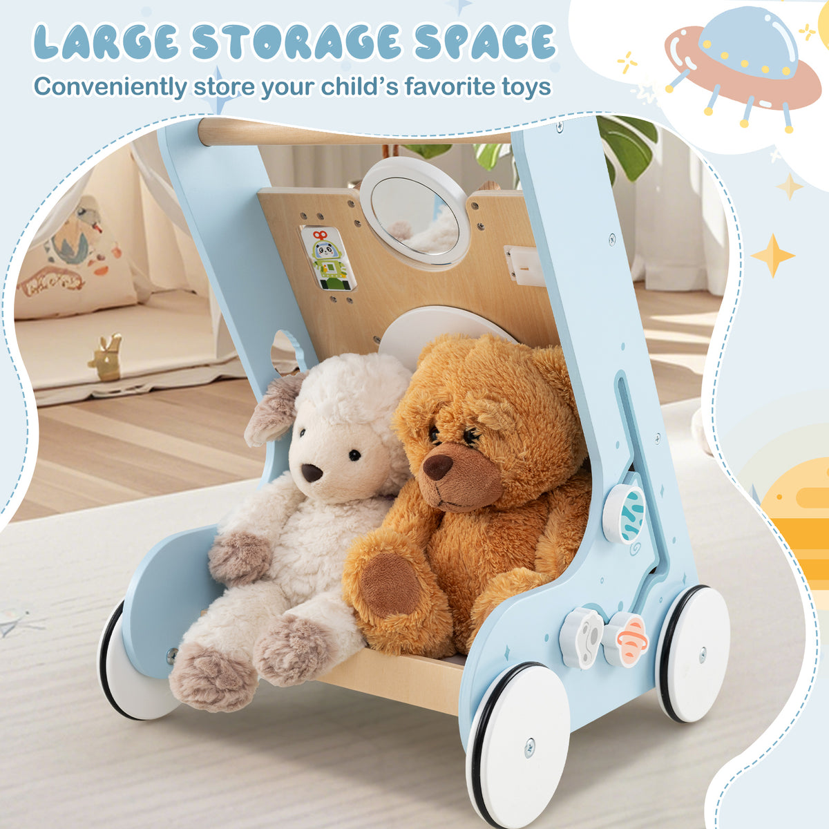 Wooden Baby Walker with Wheels for Boys and Girls 1+ Years Old-Blue
