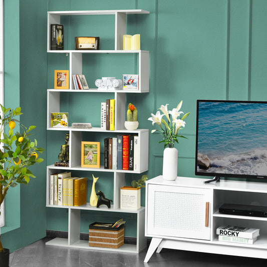 The white wooden bookcase standing in a living room next to a television cabinet