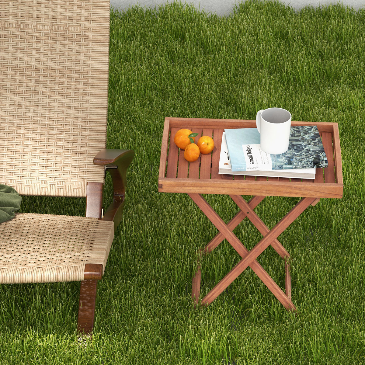Wooden Side Table with Slatted Tabletop and Sturdy X-shaped Frame-C