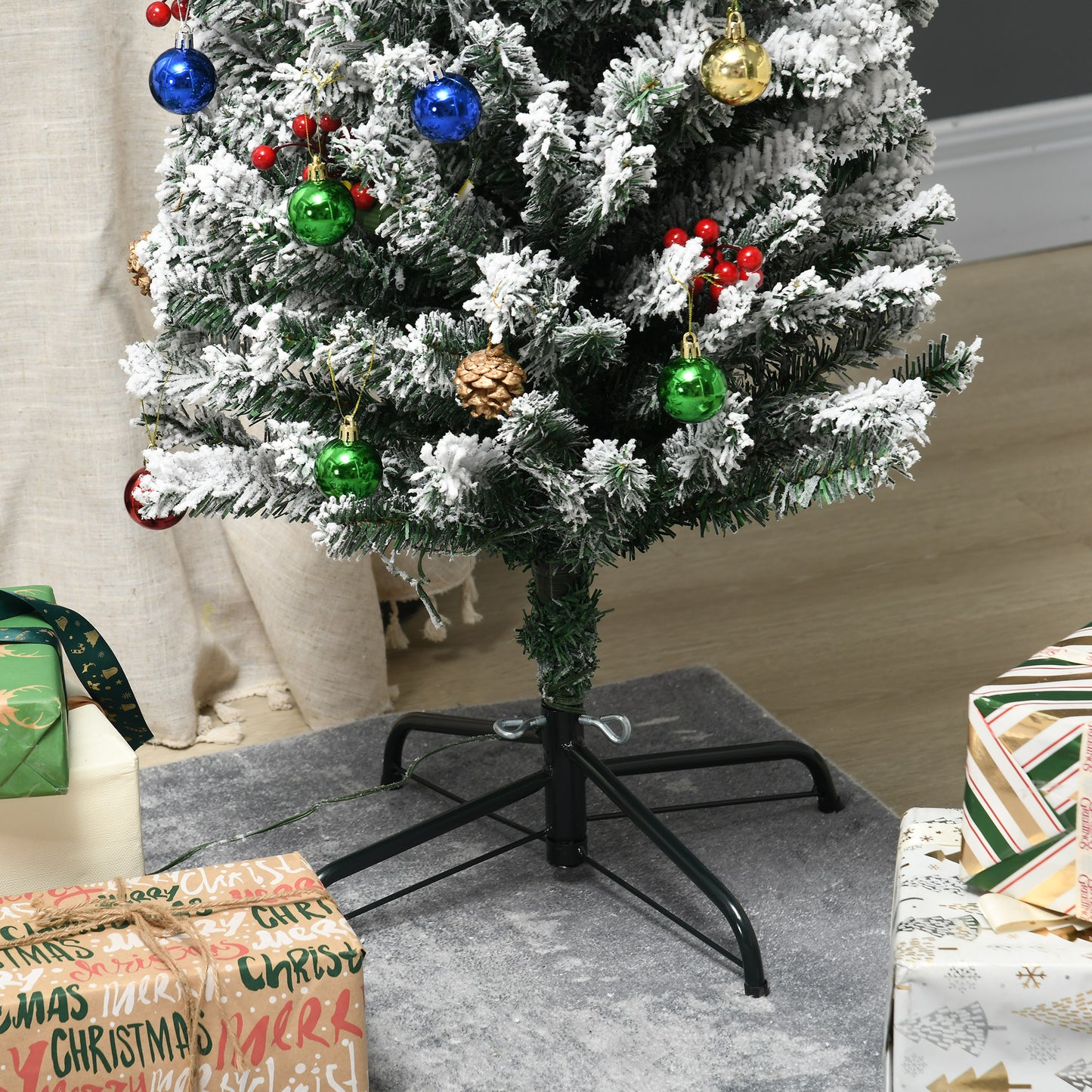 HOMCOM 6' Artificial Prelit Christmas Trees Holiday Décor with Colourful LED Lights, Flocked Tips, Berry, Pine Cone