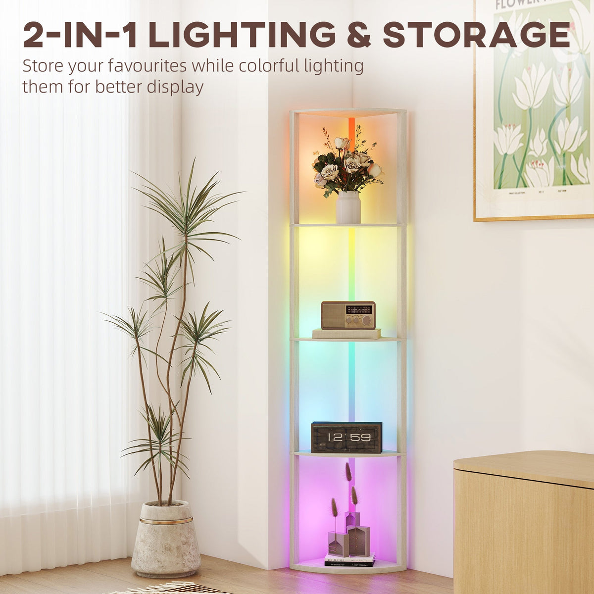 مصباح أرضي LED RGB من HOMCOM مع أرفف، مصباح قائم بذاته قابل للتعتيم بأربع طبقات مع جهاز تحكم عن بعد، بلوطي