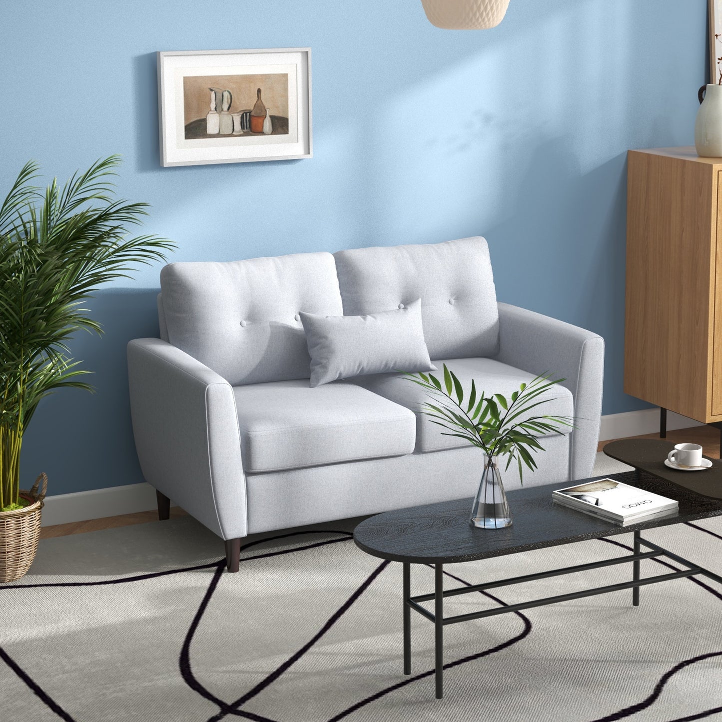HOMCOM 2 Seater Sofa with Spring Cushion, Fabric Sofa with Wooden Legs, Modern Love Seat for Living Room, 140cm Width Tufted Couch for Bedroom, Light Grey