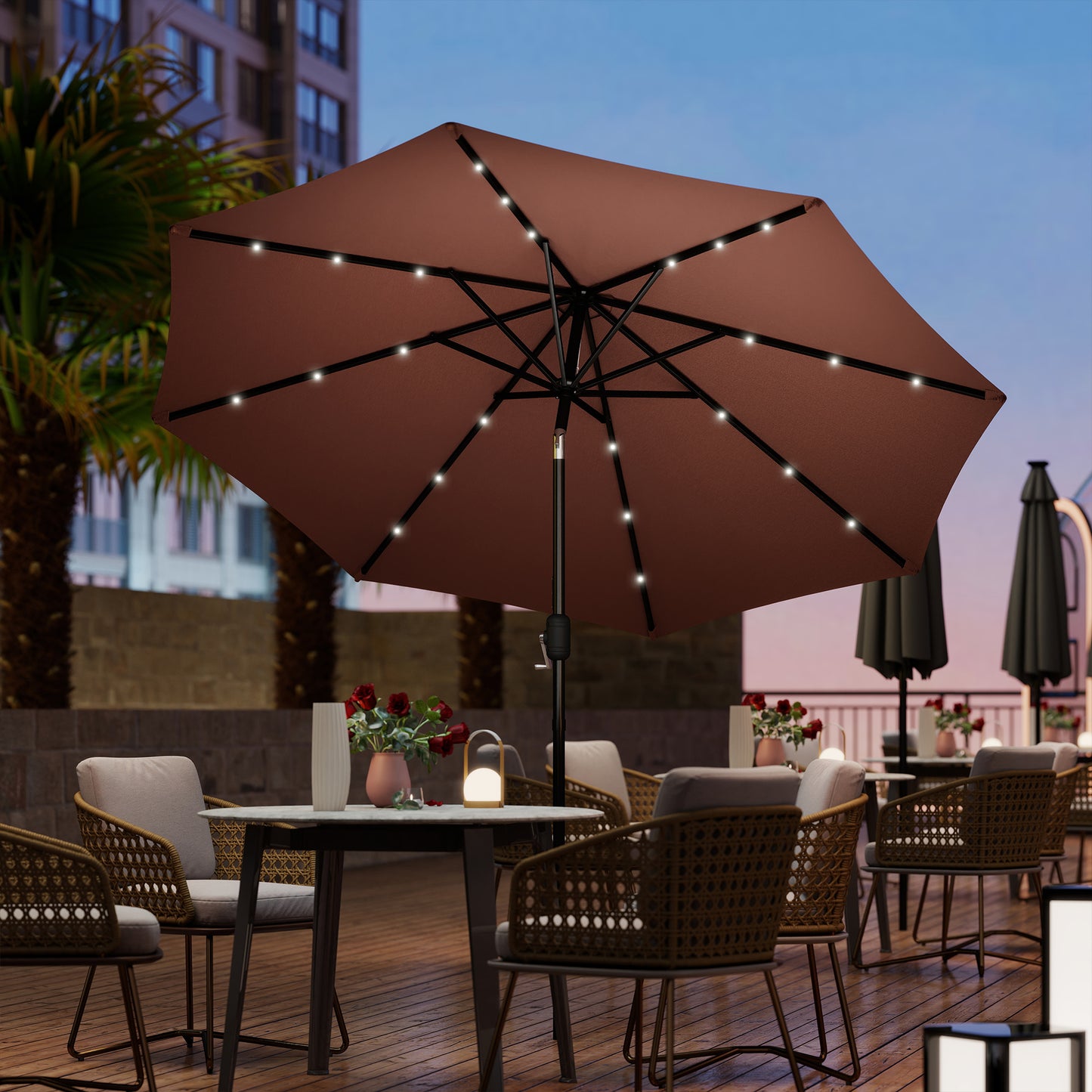 Outsunny 2.7m Garden 24 LED Light Parasol Solar Outdoor Tilt Sun Umbrella Patio Club Party Event Manual Sun Shade w/ Hand Crank and 8 Ribs, Brown