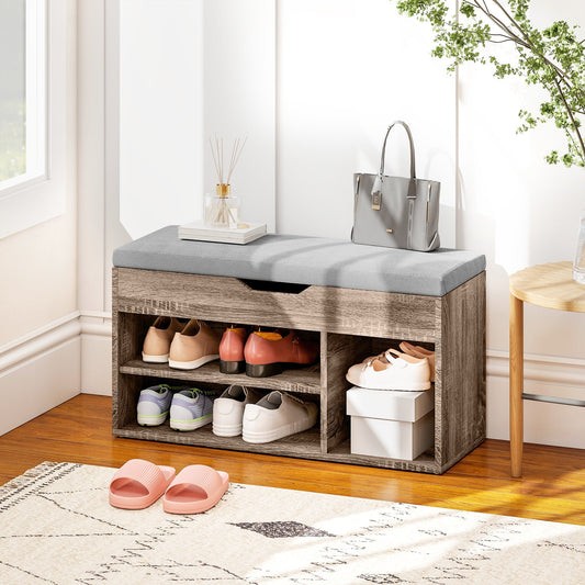 HOMCOM Shoes Cabinet Bench Hidden Storage Padded Seat Organiser Footwear Rack Hallway Grey Wood Grain