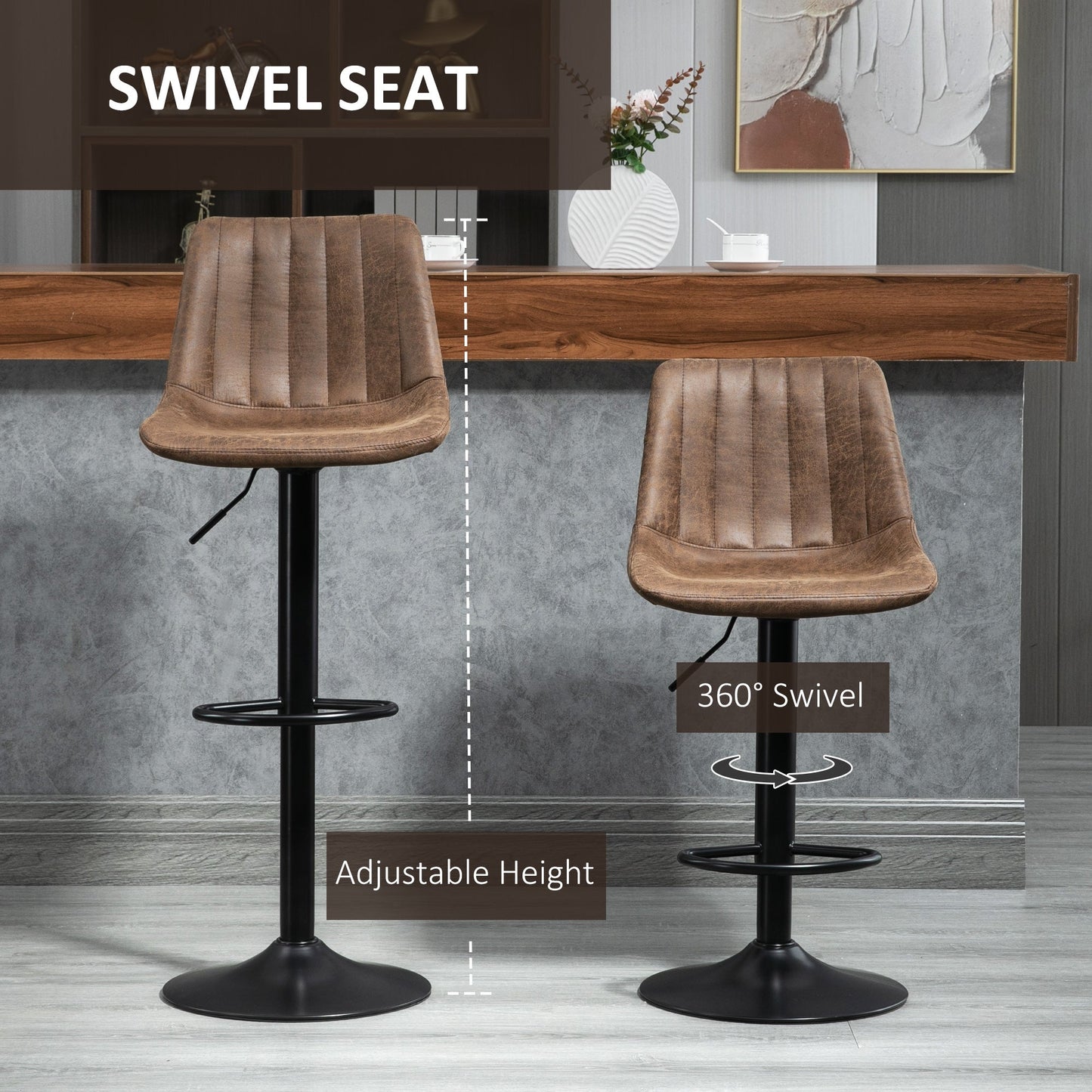 HOMCOM Bar Stools Set of 2, Swivel Counter Height Barstools with Back, Adjustable Bar Chairs, Breakfast Dining Stools for Kitchen Island Counter with Adjustable Steel Footrest & Base, Brown