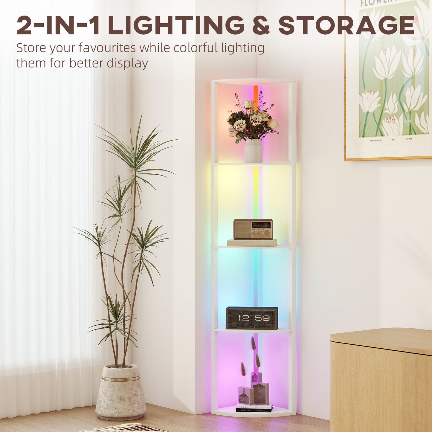 مصباح أرضي LED من هوم كوم RGB مع أرفف، مصباح قائم قابل للتعتيم بخمسة مستويات مع سطوع قابل للتعديل وجهاز تحكم عن بعد، وحدة رف عرض زاوية عصرية لغرفة المعيشة وغرفة النوم والمكتب، أبيض