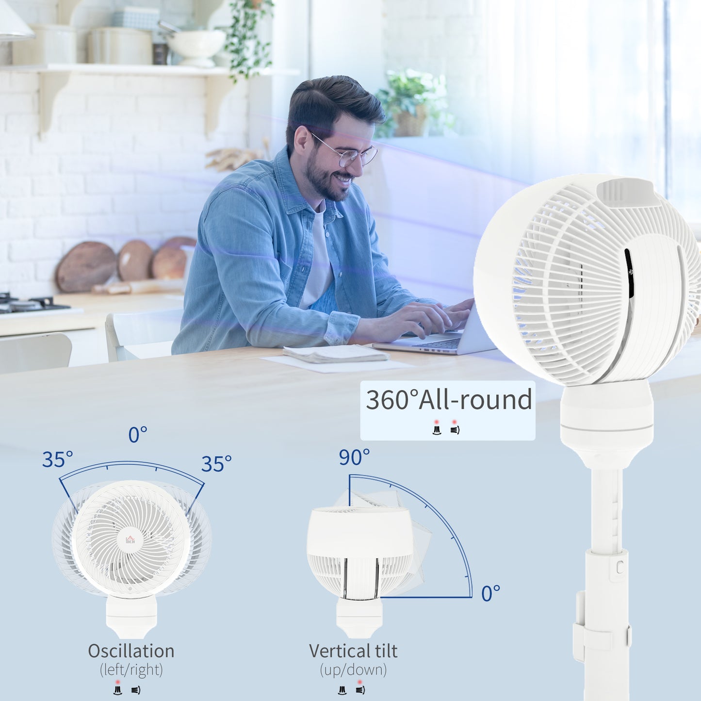 HOMCOM 9'' Air Circulator Fan 3 Speed 3 Mode, 70° Oscillation 90° Vertical Tilt, Height Adjustable, Remote Controller, for Living Room, Bedroom, Office, White
