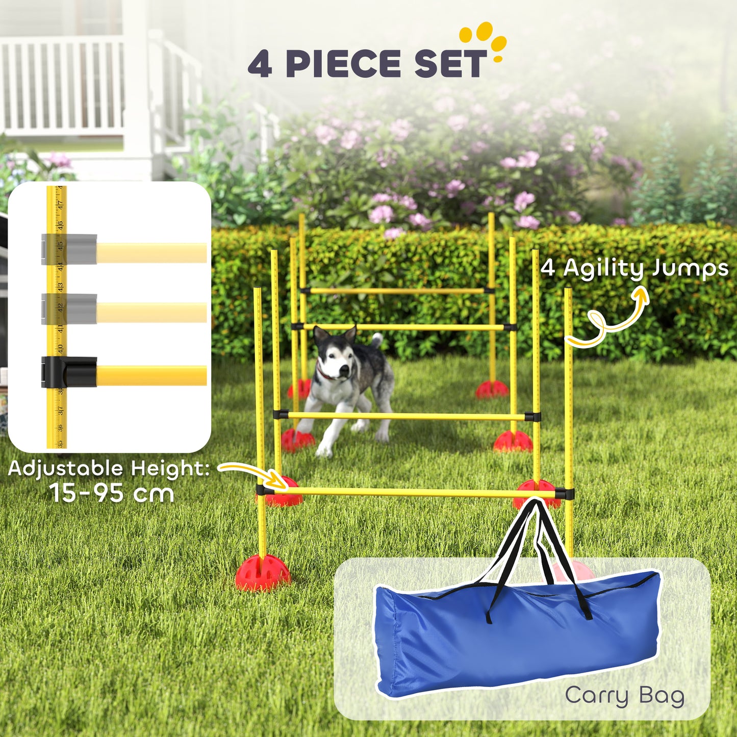PawHut 4 Piece Dog Agility Equipment with 4 Hurdle & Carry Bag for Jump Training, Yellow