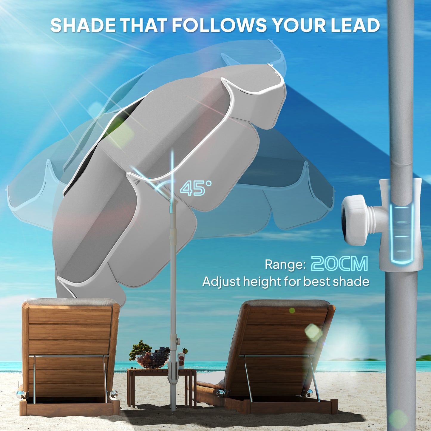 Outsunny Beach Umbrella Portable with Sand Anchor, Carry Bag, Adjustable Height & Tilt, UPF50+ UV Protection, Grey