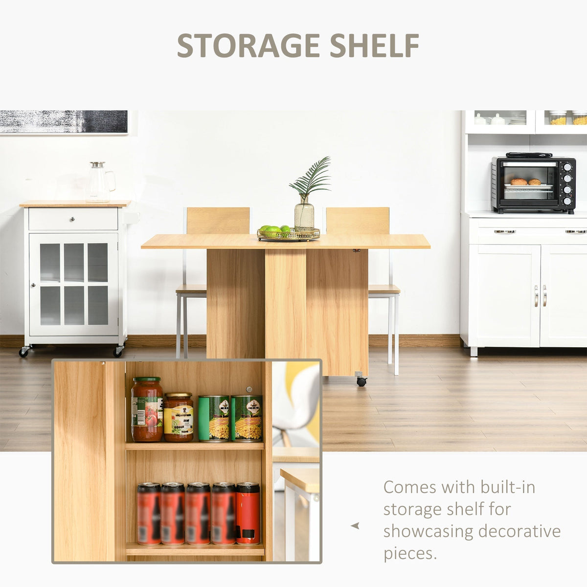 HOMCOM Folding Dining Table, Drop Leaf Table for Small Spaces, Foldable Rectangular Tabletop with Storage Shelves for Kitchen, Dining Room, Teak