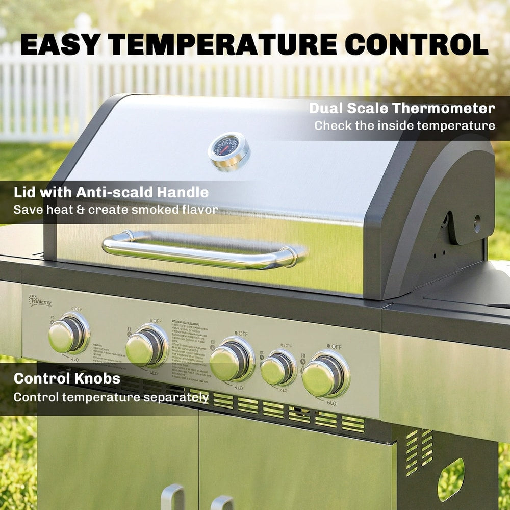 Close up of the control panel and thermometer on the gas barbecue grill