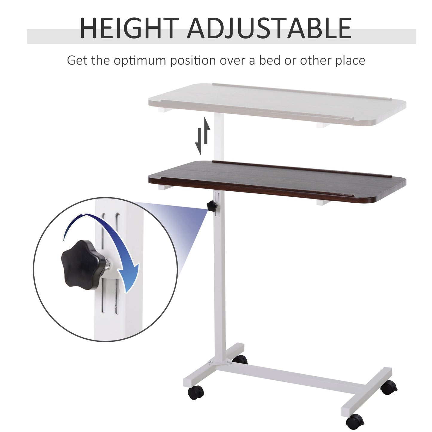 HOMCOM Height Adjustable Over Bed Table with Wheels, C Shaped Laptop Desk, Portable Hospital Bed Table for Living Room, Bedroom, Brown