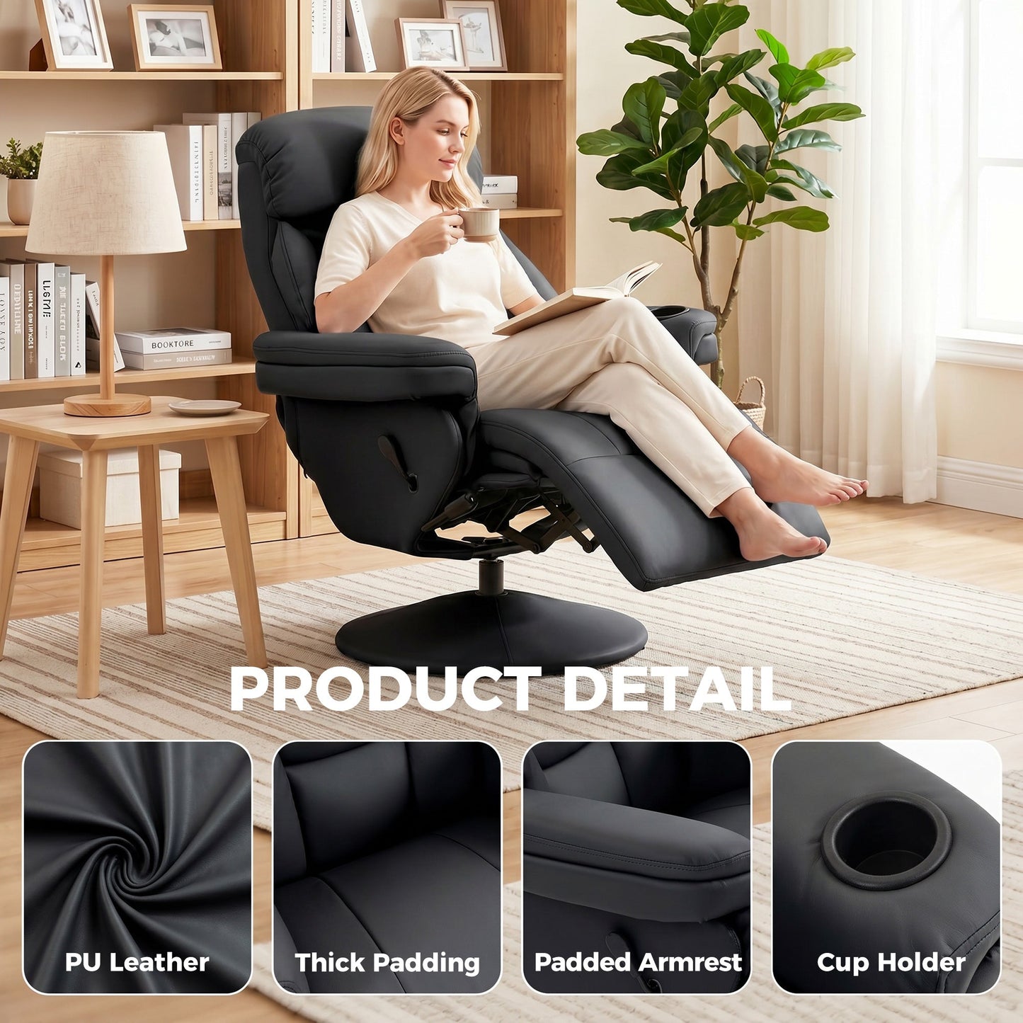 HOMCOM Upholstered Reclining Armchair, Manual Recliner Chair with Footrest and Adjustable Backrest, Black
