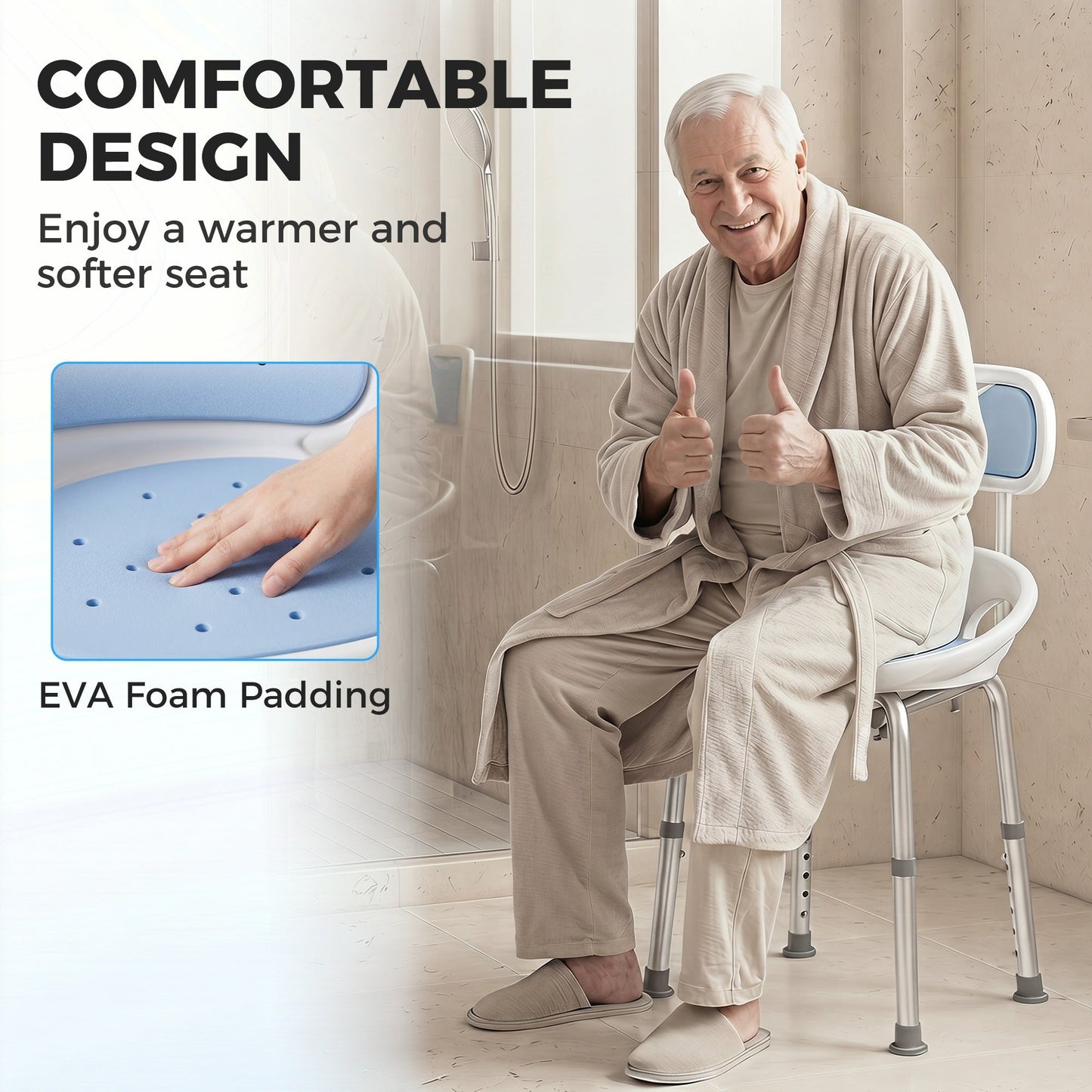HOMCOM Shower Chair with Padded Seat Adjustable Height Shower Stool Bath Seat with Back and Anti-Slip Feet