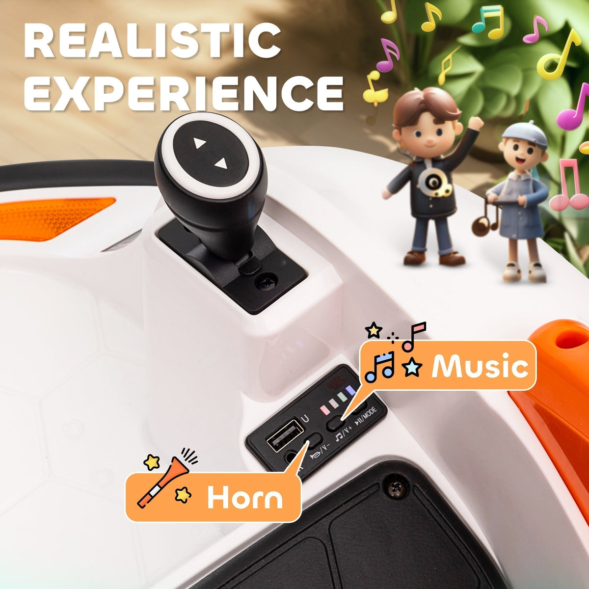 AIYAPLAY 360 Rotation Kids Bumper Car, 12V Waltzer Car with Remote Control, Dual Joysticks, Music Lights, Orange