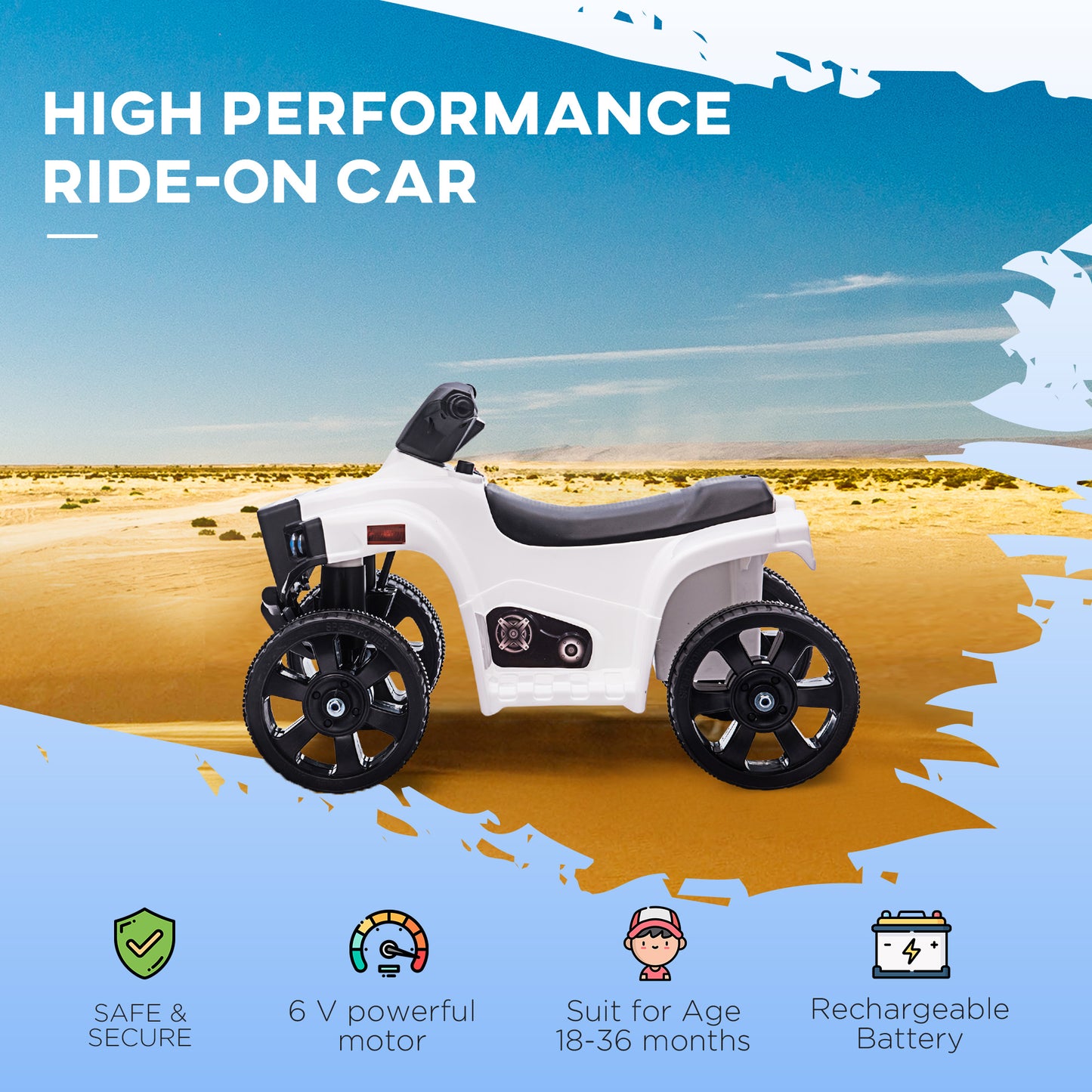HOMCOM 6V Kids Electric Ride on Car, ATV Toy, Quad Bike with Headlights, Horn, for Toddlers 18-36 Months White