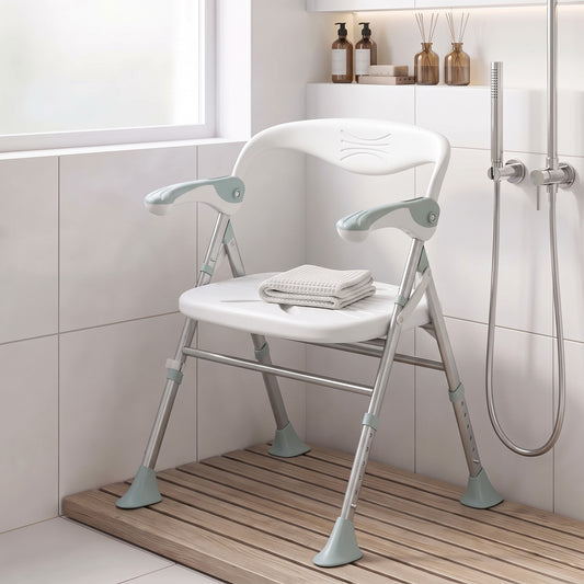 HOMCOM Foldable Shower Chair with Flip-Up Armrests in White