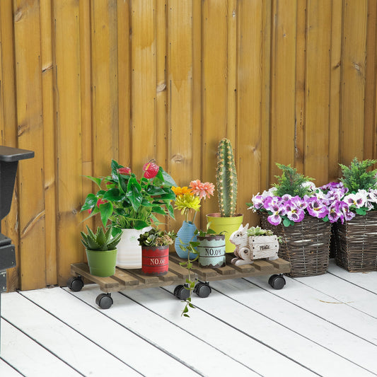 Outsunny 2 Pack Plant Caddy with Wheels, 30 cm Square Wooden Plant Pot Trolley, Pot Caddy for Outdoor Patios, Decks and Indoors, Dark Brown