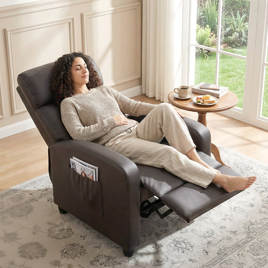 HOMCOM Recliner Armchair, Massage Faux Leather Push Back Reclining Chair with Adjustable Leg Rest, Side Pocket, for Home Living Room Theatre, Brown