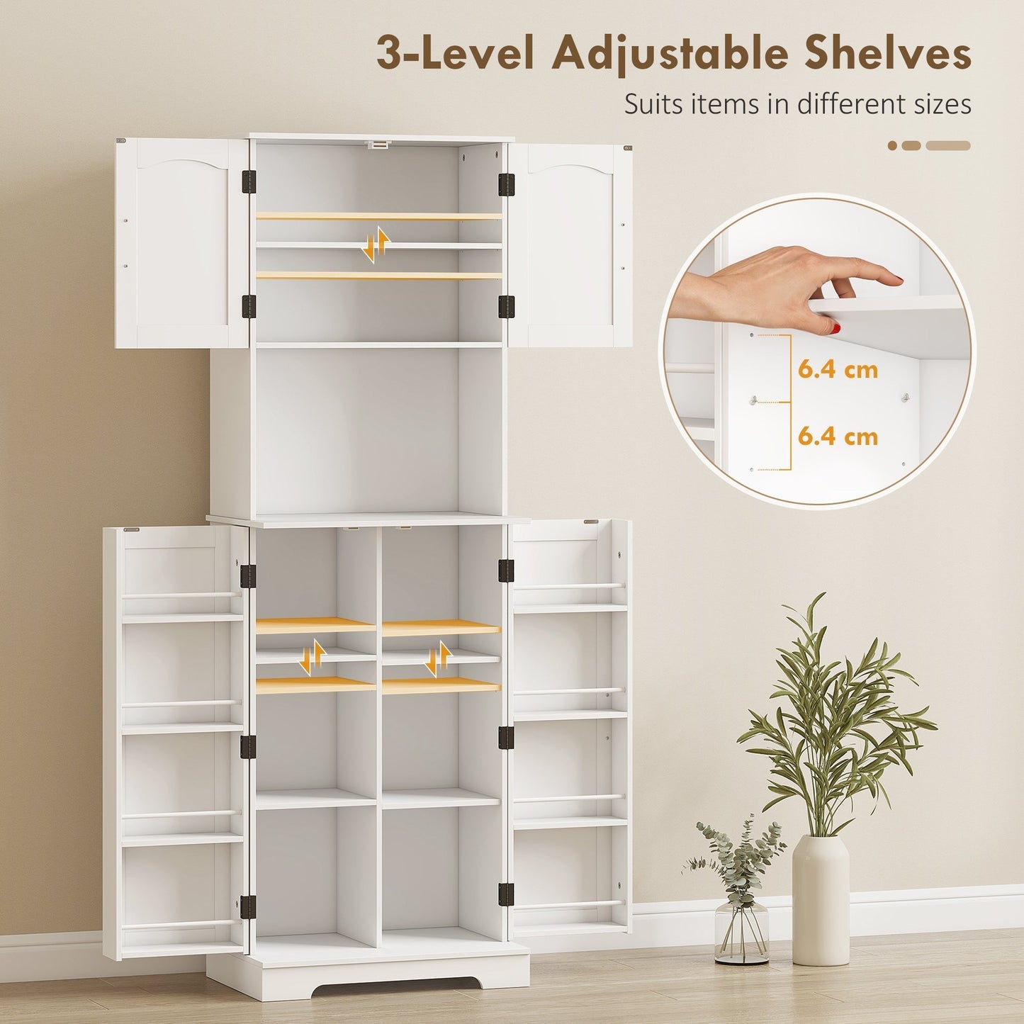 HOMCOM 181.5 cm Freestanding Storage Cabinet, Tall Kitchen Cupboard with Adjustable Shelves, 8 Door Spice Racks, White