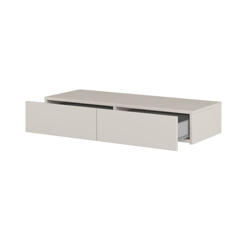 Light gray TV stand with two drawers on a white background