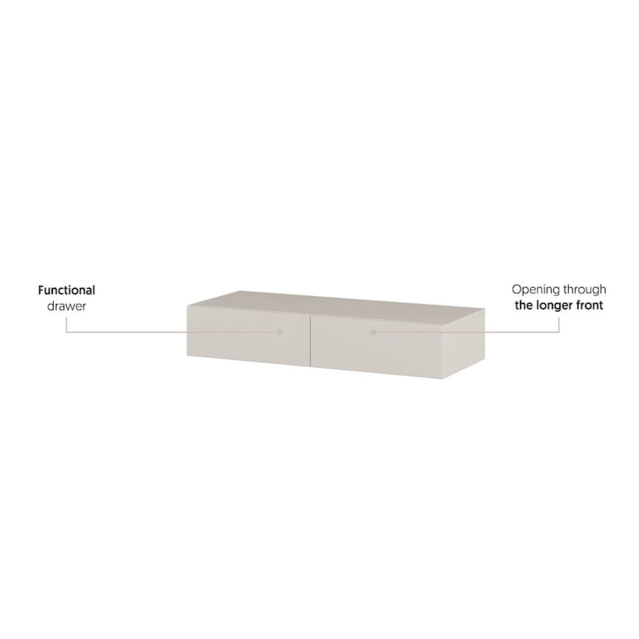 White cabinet with two drawers labeled 'Functional drawer' and 'Opening through the longer front'.