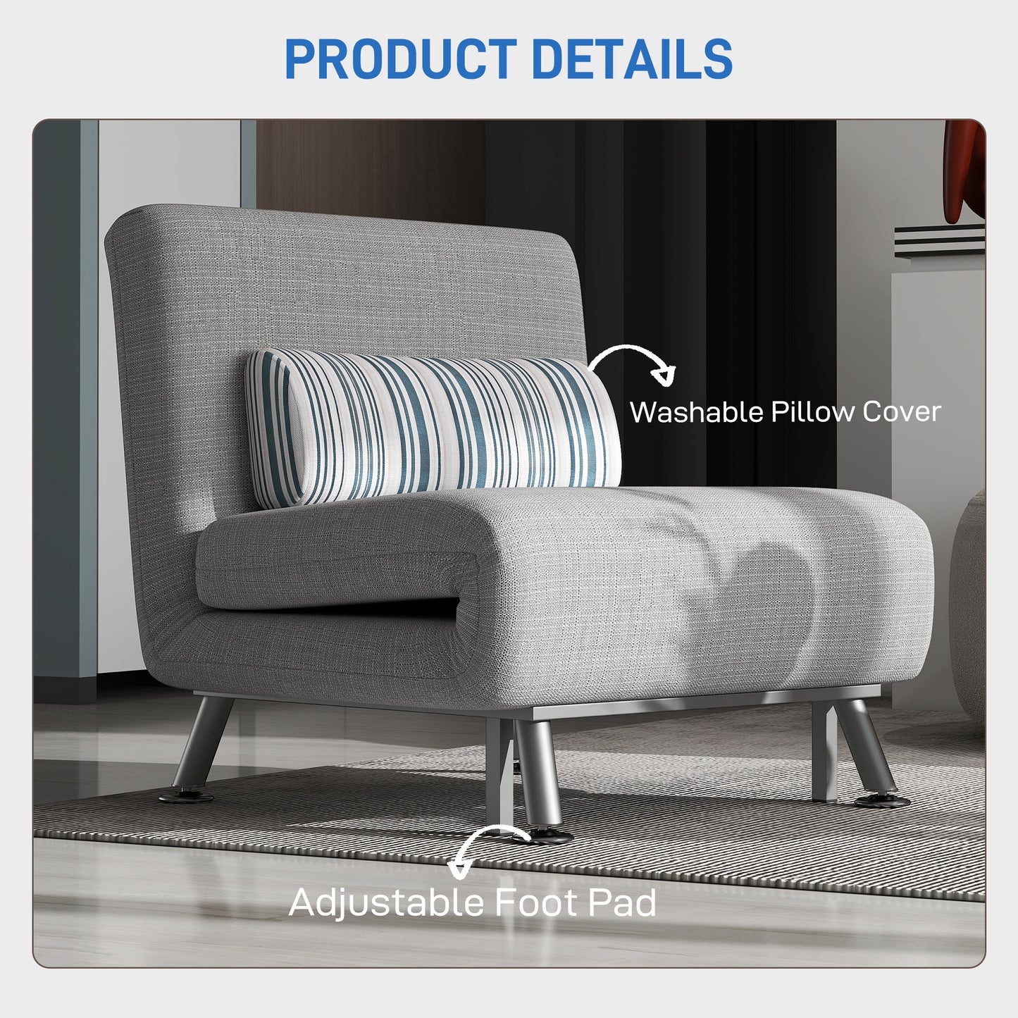 HOMCOM Single Sofa Bed, 1 Person Sleeper Foldable Lounge with Pillow, Grey