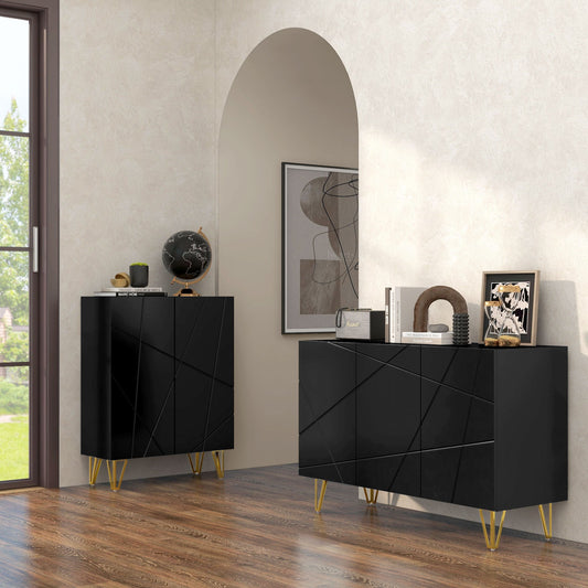 Two black high gloss sideboards with gold hairpin legs in a modern room setting