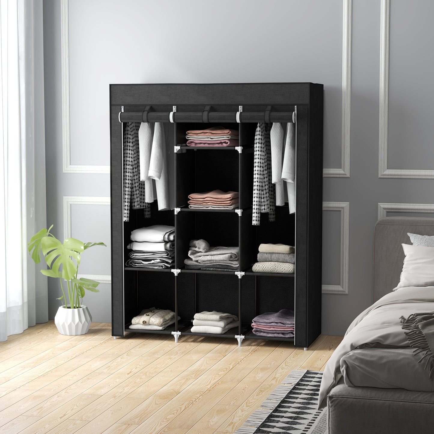 HOMCOM Fabric Wardrobe, with Rails and Shelves - Black