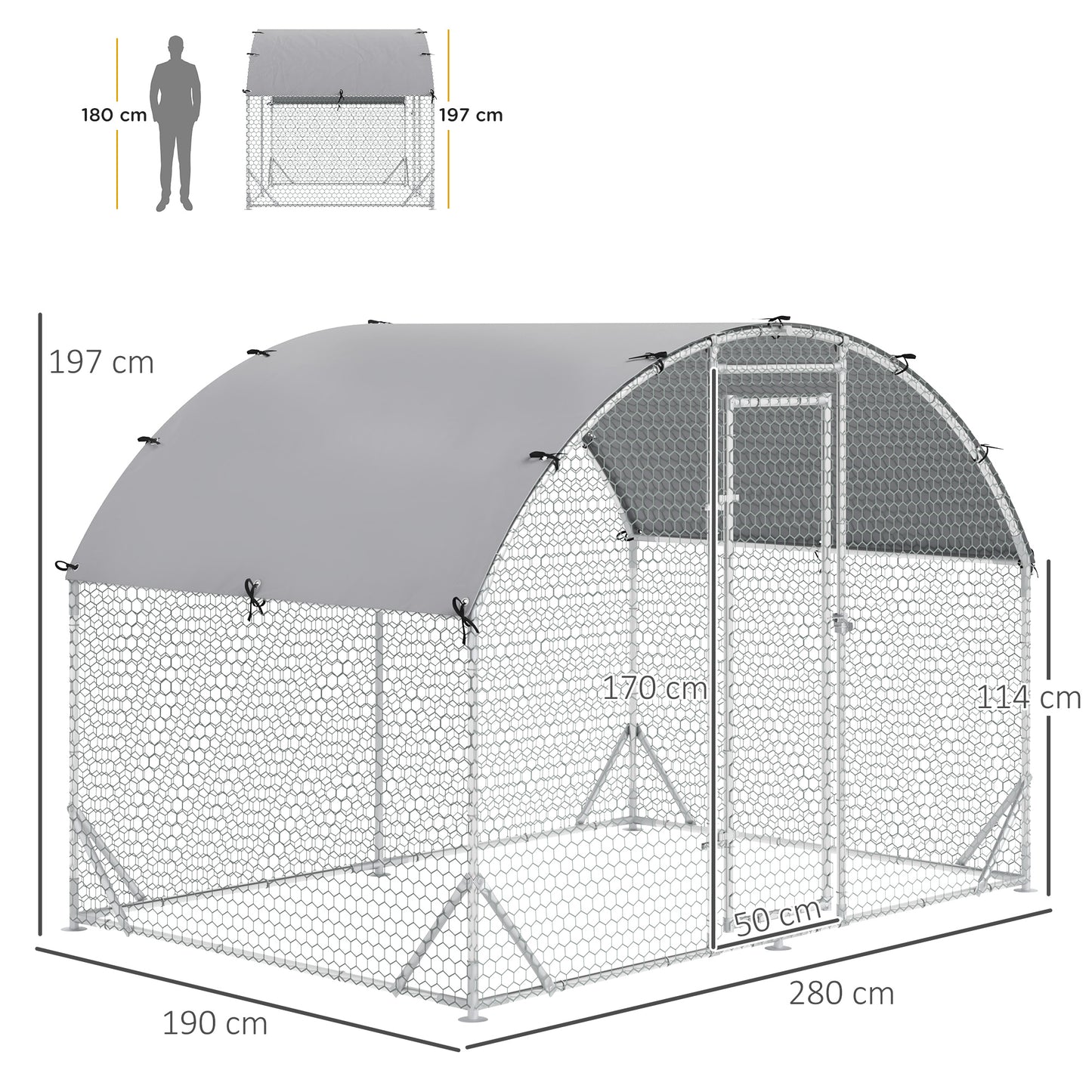 حظيرة دجاج مجلفنة من PawHut Walk In Chicken Run، قفص دواجن، حظيرة لعب للحيوانات الأليفة، حديقة مع غطاء مقاوم للماء، 2.8 × 1.9 × 2 متر