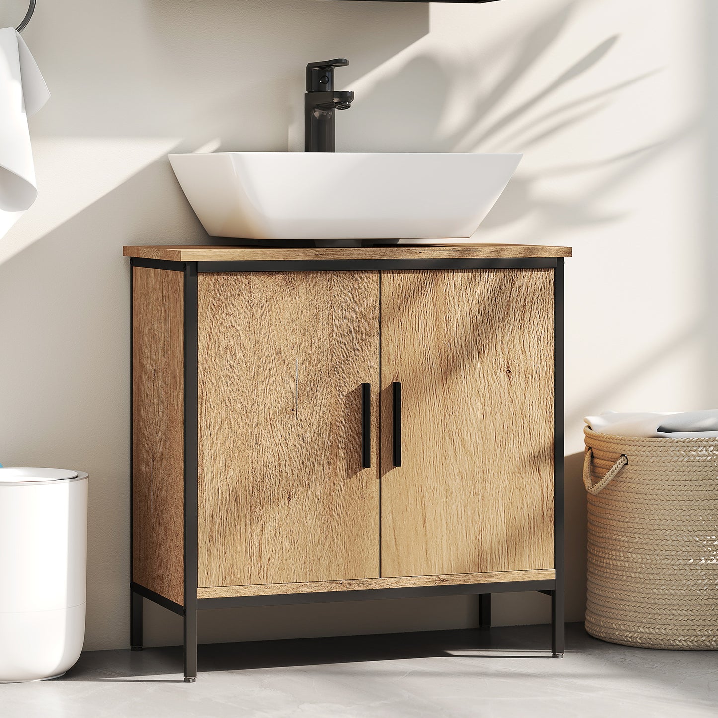 HOMCOM Bathroom Vanity Unit, Under Sink Storage Cabinet with 2 Doors, Adjustable Shelf for Basin without or with Pedestal, Oak