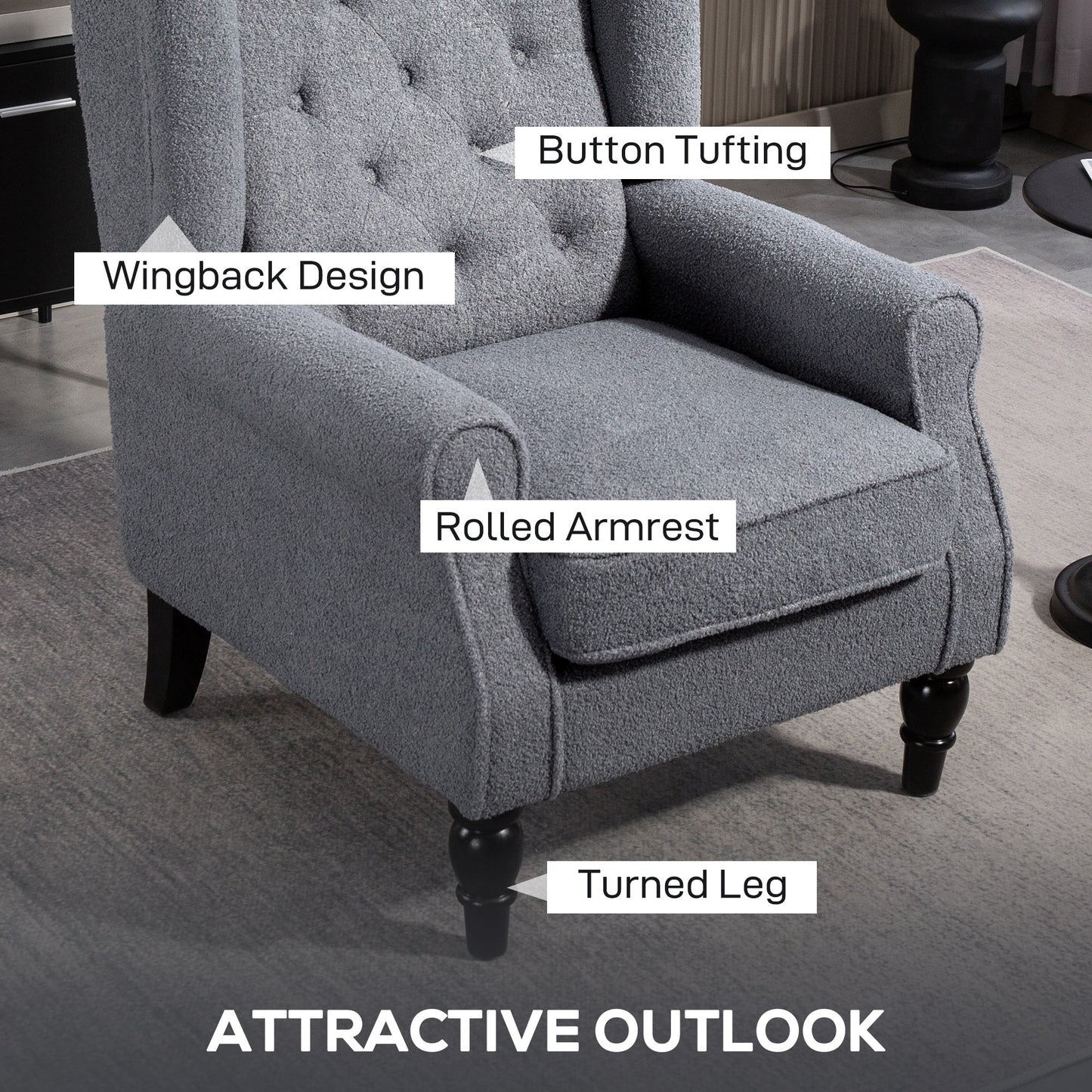 HOMCOM Wingback Accent Chair, Retro Upholstered Button Tufted Occasional Chair for Living Room and Bedroom, Grey