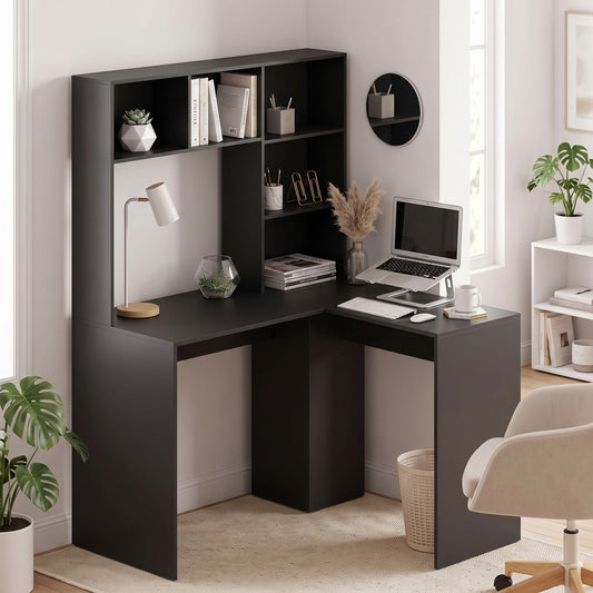 HOMCOM Modern Corner Computer Desk, L Shaped Desk with Monitor Stand and Storage Shelves for Home Office, Bedroom, Black