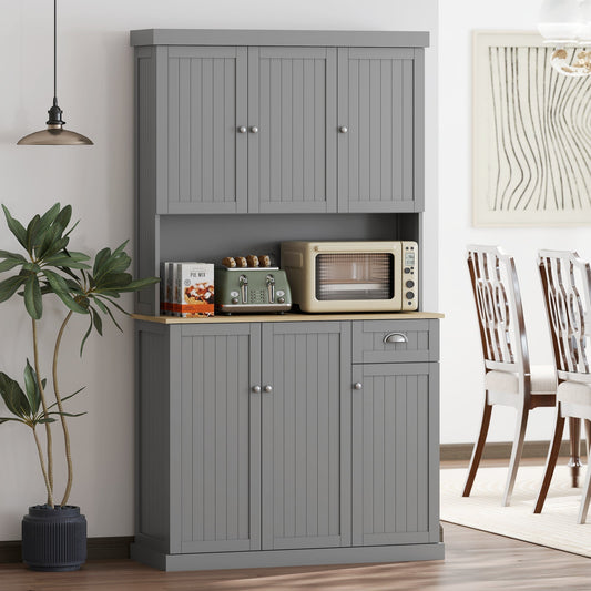 HOMCOM 180cm Freestanding Kitchen Cabinet, Modern Storage Cupboard with Open Countertop, Drawer and 6 Doors, Grey