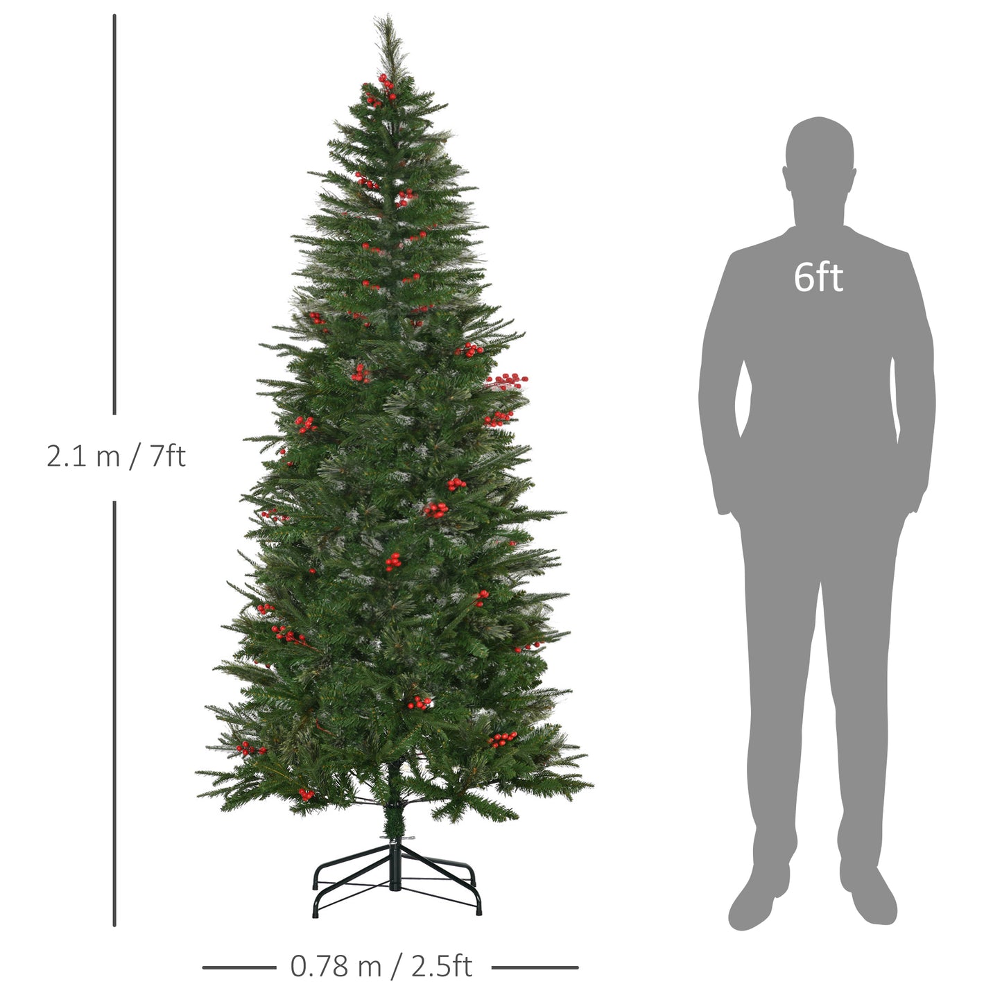 HOMCOM 7ft Pencil Artificial Christmas Tree with Realistic Branches, Red Berries, Auto Open, Green