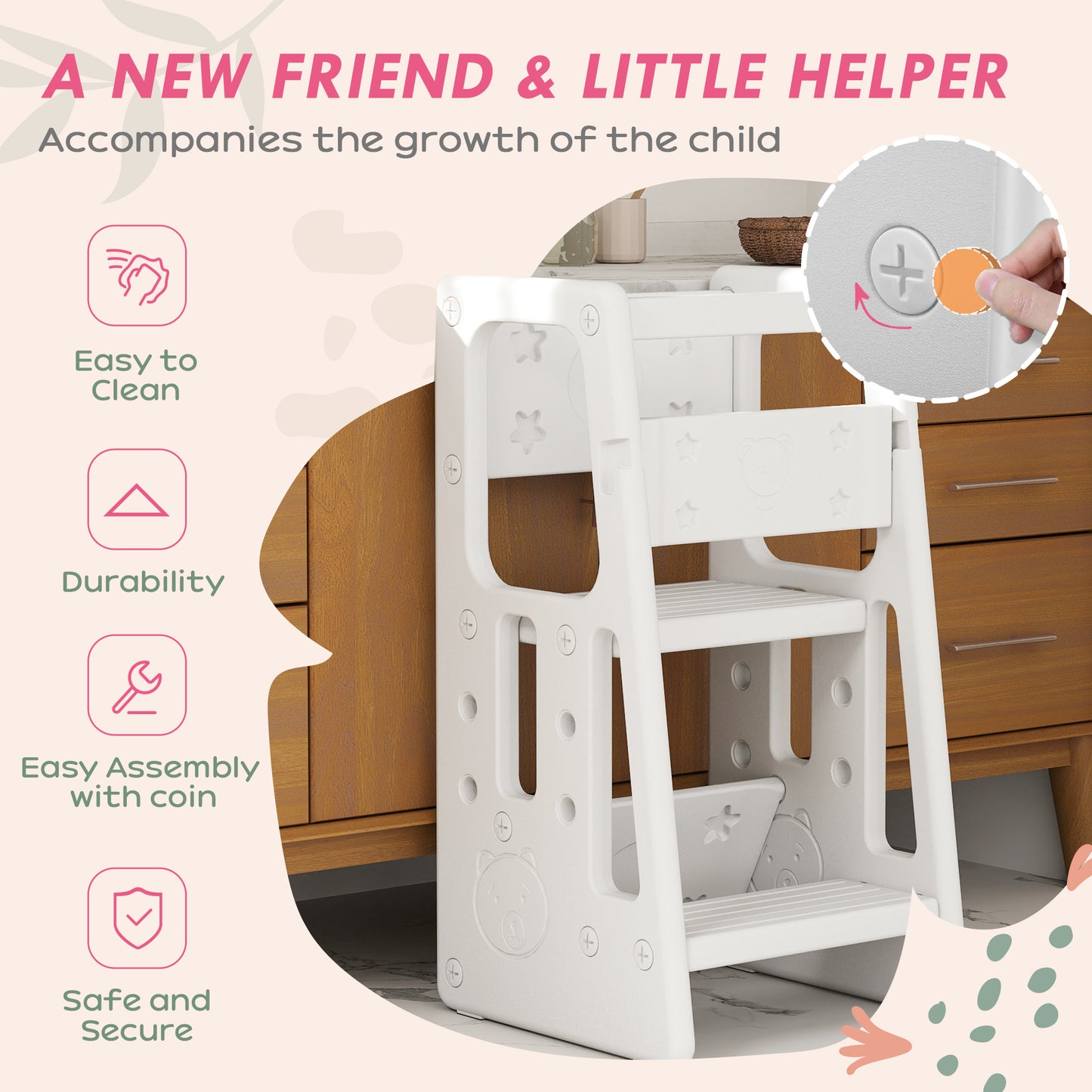 HOMCOM Kids Step Stool, Adjustable Standing Platform, Toddler Kitchen Stool, White